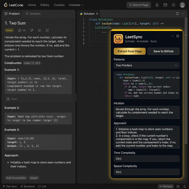 LeetSync overlay panel floating on the LeetCode problem page